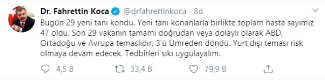 Türkiye'deki koronavirüs vaka sayısı 47'ye yükseldi