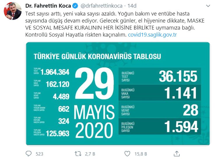 29 Mayıs Korona Tablosu