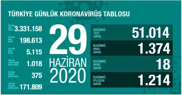 29 Haziran korona tablosu