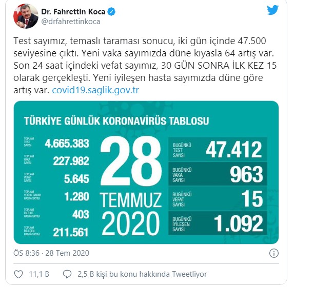 28 Temmuz Kororana Tablosu