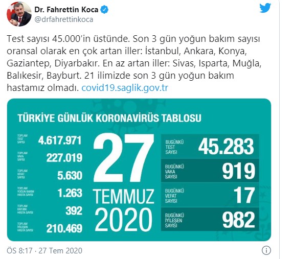 27 Temmuz Kororana Tablosu