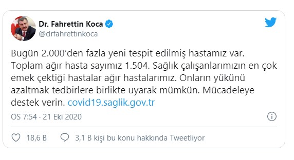 22 Ekim korona tablosu ve vaka sayısını açıkladı